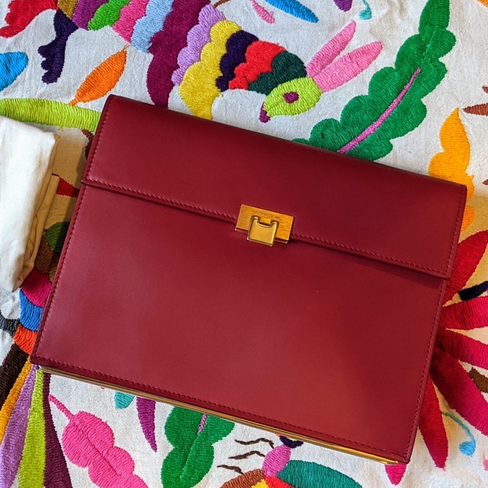 BALENCIAGA Red Leather Box Clutch Bag with Clasp